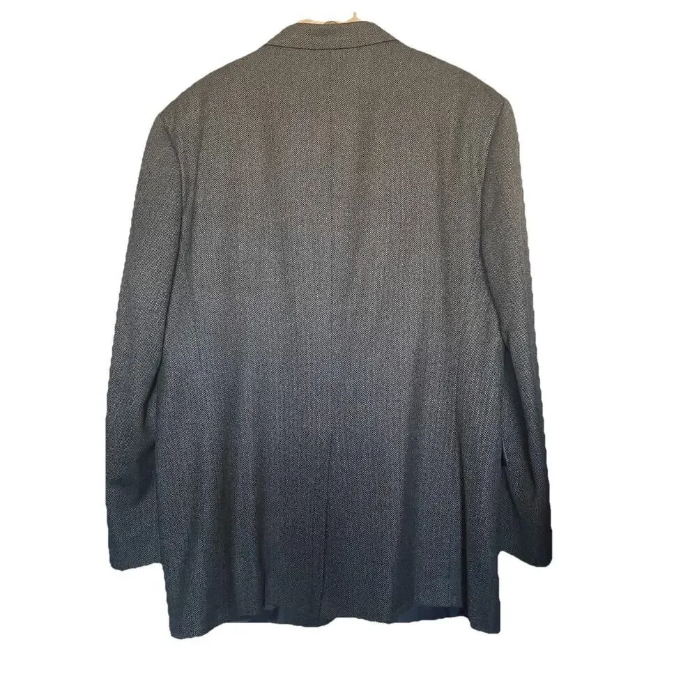 Burberry London Blazer Mens 46 Long Grey Herringbone 100% Wool Kensington Jacket
